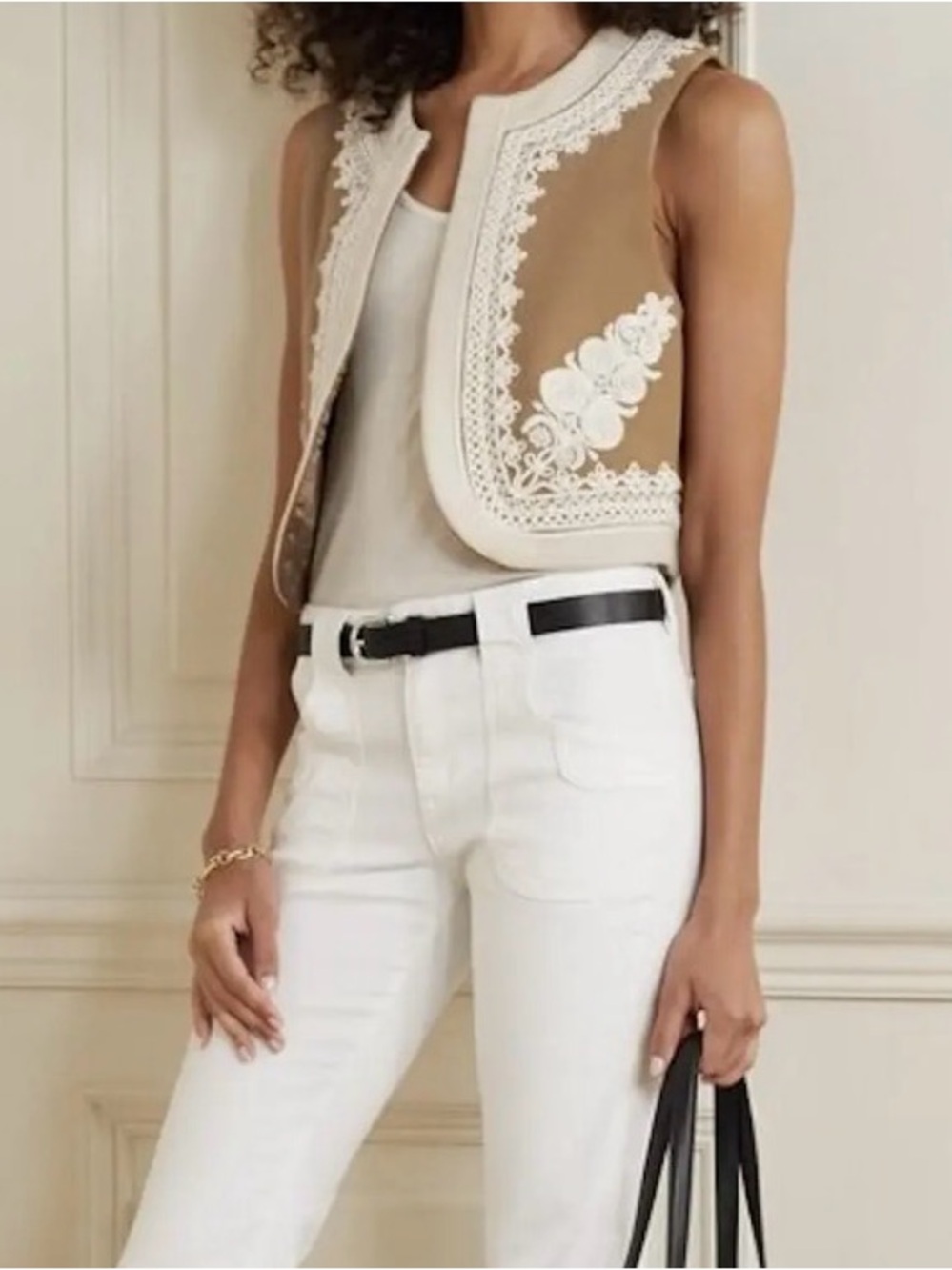 Nili Lotan Brown Vest with White Embroidered Trim, Size XS.